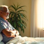 An elderly man sitting on a bed in a rehabilitation centre.